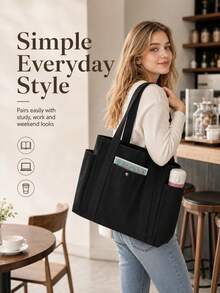Multifunctional Canvas Bag, Multi-Pocket Large Capacity Solid Color, Suitable For Casual Shoulder Tote Bag Handbag, Applicable For School, Work, Travel - Multicolor - View 22