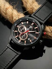 1pc Quartz Wristwatch With Leather Strap - Black - View 4