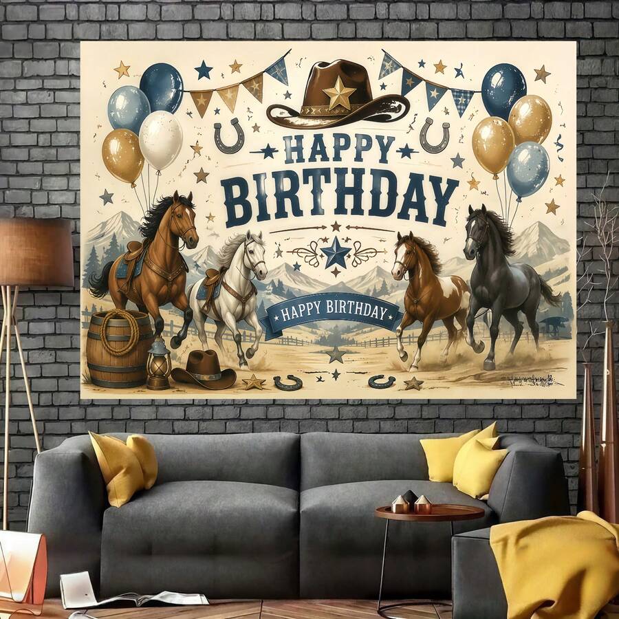 1pc Denim Birthday Party Banner, Made Of Polyester Material, Featuring Cowboy Hat, Horse, "HAPPY BIRTHDAY" Text And Other Western Theme Designs, Theme Party Decoration, Suitable For Indoor Celebrations, Outdoor Celebrations, Home Decor, Party Decoration, Birthday Party Decoration