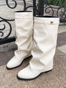 1 Pair Popular Folded Pleated Boots Fashion Buckle Flat Comfortable Solid Color Western Style Casual Microfiber Leather Mid-Calf Boots For Holiday Party Autumn/Winter - Beige - View 6