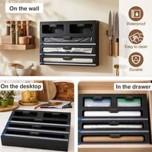 Foil And Cling Film Dispenser And Cutter, Bamboo Kitchen Wrap Organiser - Black - View 5