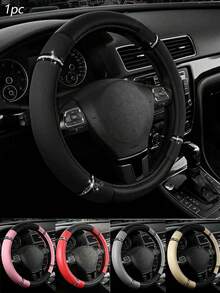 1pc Universal Rhinestone PU Leather Car Steering Wheel Cover, Luxury Sparkling Rhinestone Non-Slip Car Steering Wheel Cover, Fits Most Car Models, 36-38cm, Cute Fashionable Women's Car Interior Accessory, Suitable For Most Sedans, SUVs And Trucks, Perfect For Daily Driving And Holiday Decoration - A - View 1
