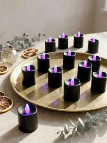 6/12/24pcs Fairy Lights Candle Set With Remote Control, Timer/Remote Function, Battery Operated Flameless Candles, Black Cup Candles, Wish Candles, Mini Candles For Table Centerpiece Decoration, Suitable For Home, Halloween, Christmas, Valentine's Day, Birthday, Gift, Proposal, Wedding, Party, Various Holiday Atmosphere Lighting - Black-purple Light - View 3
