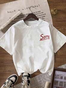 Es Trus Plus 女款夏季寬鬆復古「Sorry Not My Problem」字母圖案印花街頭嘻哈T恤，韓系復古做舊休閒風 - 白色 - 查看 3