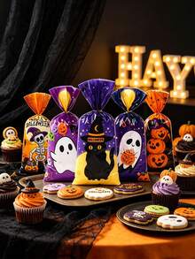 50/25pcs/1pc-Halloween Gift Bags, 5 Designs, Featuring Skull, Ghost, Black Cat And Pumpkin Prints, Halloween Party Supplies, Halloween Trick Or Treat Party Supplies, Halloween Decorations, Suitable For Packaging Cookies, Candies, Nougat And Small Snacks - Multicolor - View 3