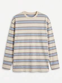 Simple Studio | تي شيرت رجالي كاجوال بطراز الشارع، مخطط بألوان متباينة وطباعة رقمية، متعدد الاستخدامات، بياقة طاقم وأكمام طويلة - لون مشمشي - مشاهدة 4