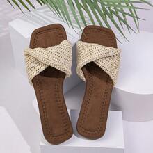 Women's Summer Slip-On Sandals, Solid Color Square Toe Open Toe Lightweight Flat Outdoor Sandals - Beige - View 2