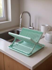 Égouttoir à vaisselle pliable, disponible en plusieurs couleurs, conception de rangement à plusieurs niveaux avec plateau d'égouttage pour éviter l'accumulation d'eau sur les comptoirs, facile à ranger, construction en plastique minimaliste idéale pour le rangement de la cuisine - Voir 7