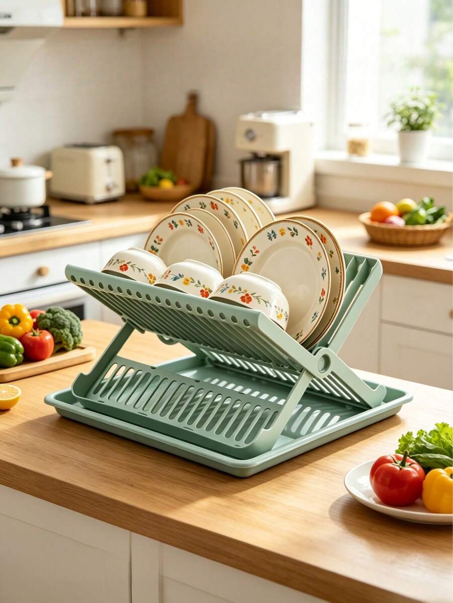 Giá phơi bát đĩa gấp gọn, nhiều màu lựa chọn, thiết kế lưu trữ nhiều tầng kèm khay hứng nước chống đọng nước trên mặt bàn, dễ cất giữ, chất liệu nhựa phong cách tối giản, lý tưởng cho lưu trữ nhà bếp - Xem 1