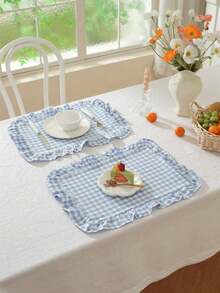 1/2/4pcs Korean Style Plaid Sweet Ruffle Edge Cute Princess Style Candy Color Plaid Food Plate Heat-Insulating Background Mat Napkin, Nordic Country Style Blue Plaid Table Mat Napkin - Multicolor - View 6