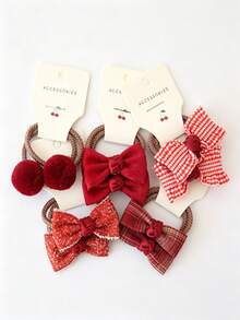 10pcs Children Elastic Bow Fabric Hair Ties, Floral & Ball Design, Suitable For Daily Use - Khaki - View 13