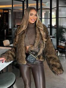 1pc Solid Color Woven Fabric Faux Fur Patchwork Women's Faux Fur Jacket Suitable For Evening Date In Autumn/Winter - Khaki - View 1