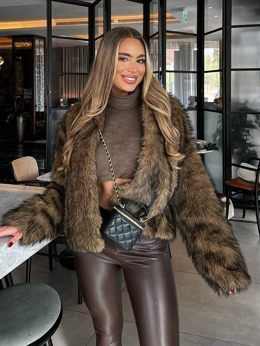 1pc Solid Color Woven Fabric Faux Fur Patchwork Women's Faux Fur Jacket Suitable For Evening Date In Autumn/Winter - Khaki - View 1