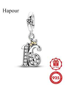 1pc 925 Sterling Silver Number 16.18 Pendant With Sparkling Zirconia Stones, Crown Design, Classic Birthday Adult Gift, Suitable For Original Brand Bracelet Necklace DIY Matching, Suitable For Daily Wear, Party, Banquet - Silver - View 9