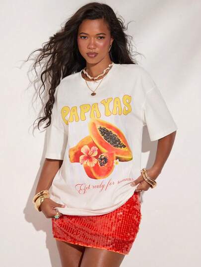 T-shirt à imprimé de fruits tropicaux blancs, vêtement de plage décontracté, adapté aux vacances décontractées dans le sud de la France, en Italie, à Ibiza, chemisiers de plage à motifs surdimens