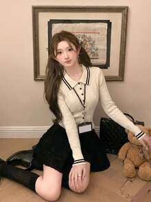 秋冬女款韓式休閒撞色條紋領針織開襟衫，紋理修身長袖上衣，百搭優雅秋季款 - 杏色 - 查看 7