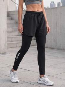 AODSR Women's Black 2-In-1 Layered Running Shorts With Full-Length Leggings, Drawstring Elastic Waist And Reflective Print - Black - View 9