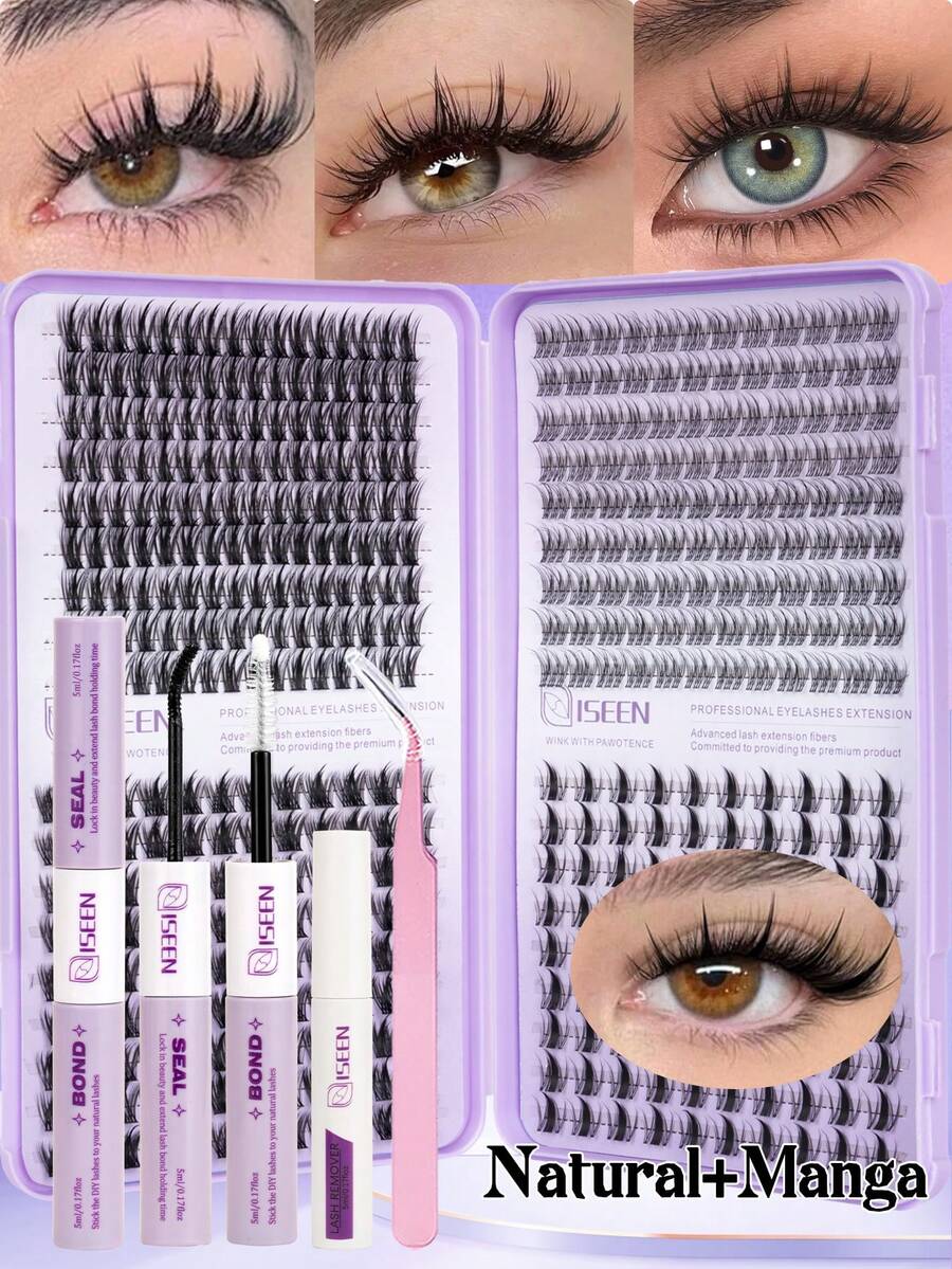 450pcs DIY False Eyelashes - Suitable For Beginners To Use At Home, Comes With 4 Mixed Styles, Can Create Versatile Looks For Any Occasion. Includes Eyelash Clusters, Eyelash Glue, Makeup Remover And Sealing Tweezers Tool, Can Be Applied At Home - Black - View 1