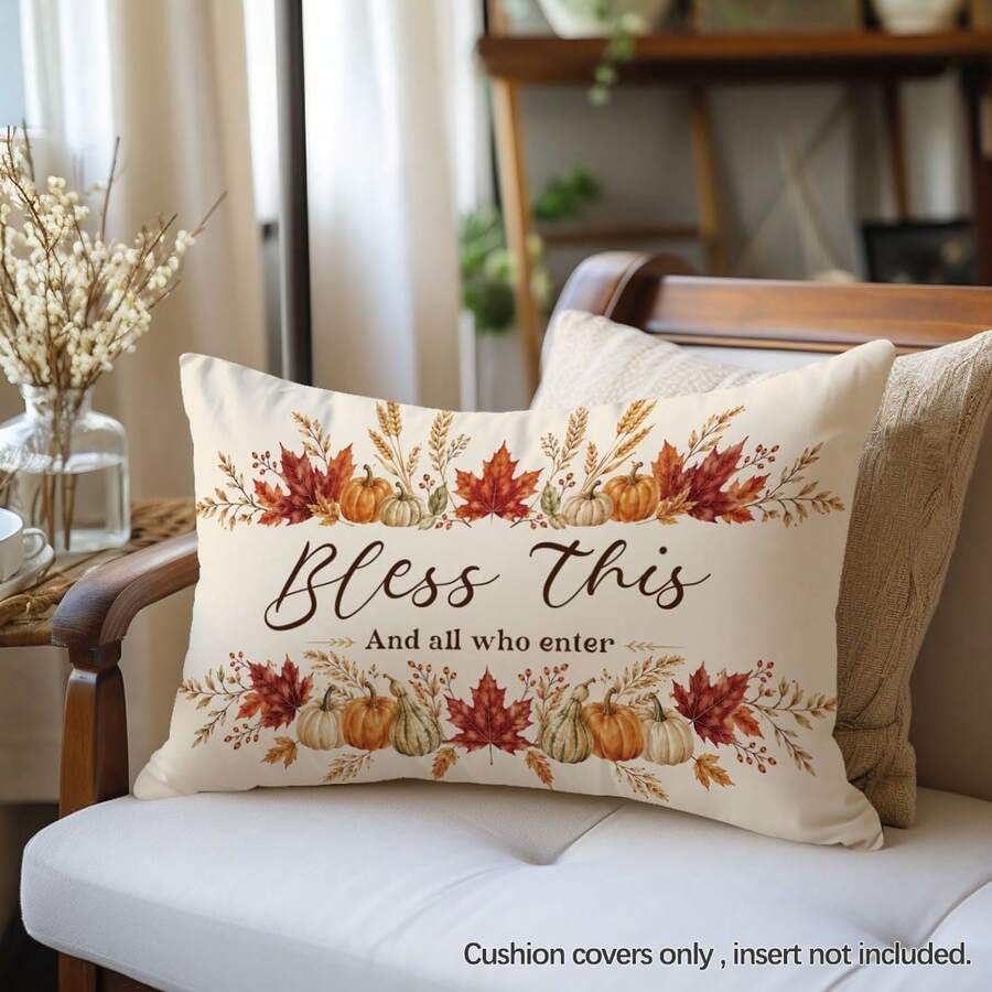 1 pieza Funda de almohada con patrón de texto "Bendice esto y a todos los que entren" con calabaza de otoño y hoja de arce, material de terciopelo de piel de durazno amigable con la piel, impresión de un solo lado 30*50/40*60cm, adecuada para sala de estar, dormitorio, sofá, decoración del hogar, funda de cojín, regalo festivo, sin relleno de almohada - Multicolor - Ver 1