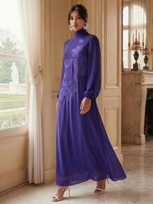 Savoree Women's Floral Applique Turtleneck Elegant Long Sleeve Dress - Purple - View 7