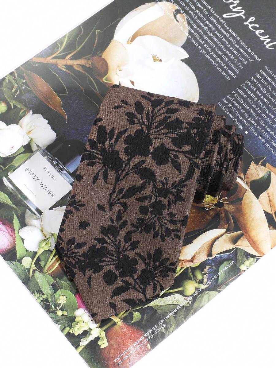 1pc Dark Brown Base Black Plant Silhouette Tie, Vintage Dark Pattern Floral Suitable For Niche Men's Shirt Matching - Dark Brown - View 1