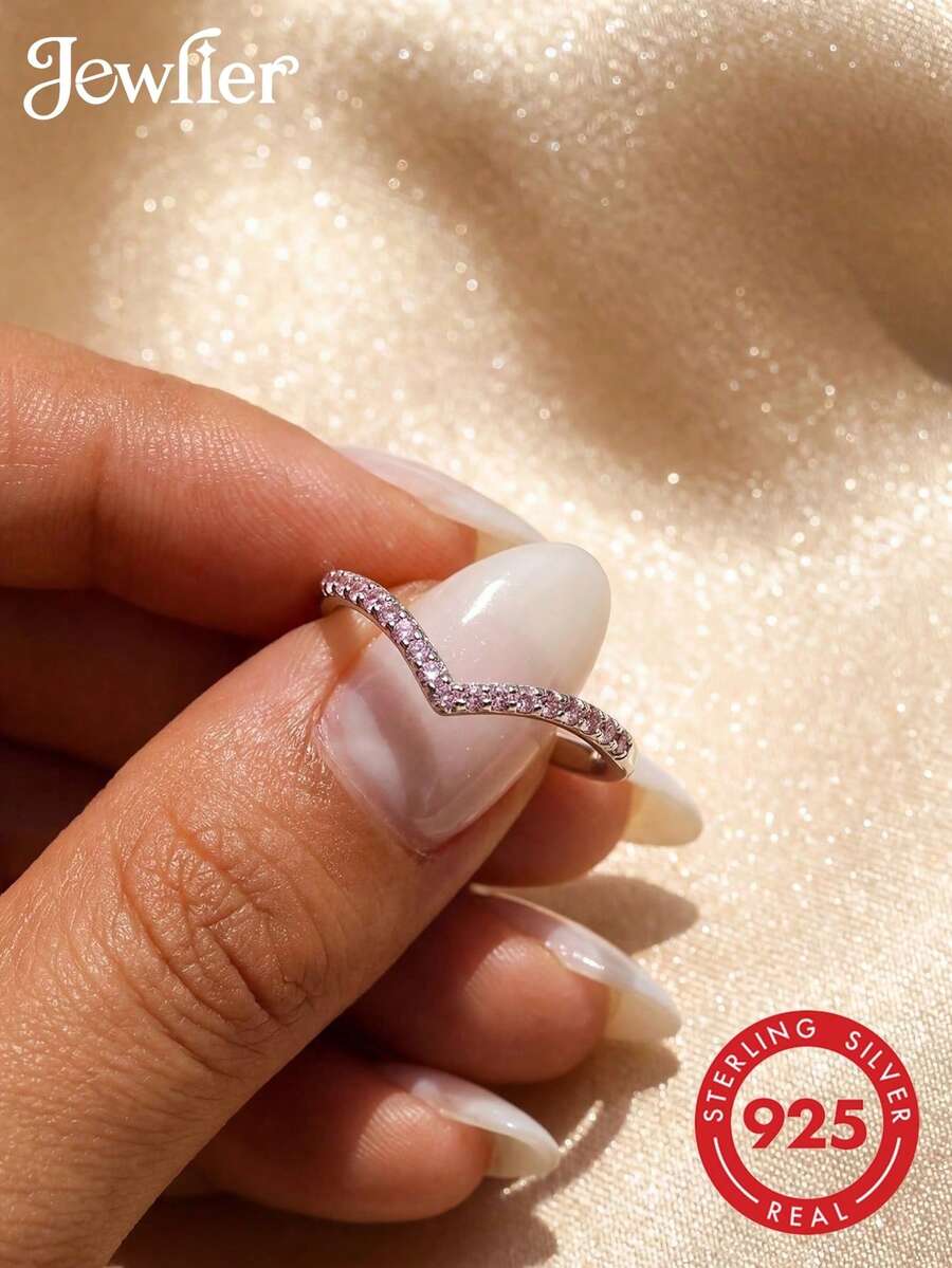 1pc 925 Silver Shallow V-Shaped Rhinestone Ring, Versatile For Women's Daily Outfit, Party Accessories, Vintage Party Elegant Jewelry Gift