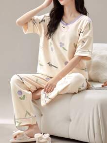 2件組女款居家服套裝，可愛熊印花韓式浪漫極簡休閒短袖長褲套裝，適合春夏穿著 - 香檳色 - 查看 5