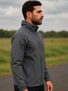 Men's Black Windbreaker Jacket With Removable Hood, Ideal For Gym Or Running - 灰色 - 查看 5