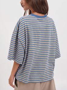 New Fashionable Elegant Striped Round Neck Drop Shoulder Half Sleeve T-Shirt, Suitable For Holidays, School, Vacation And Daily Wear Casual Summer - Blue - View 5