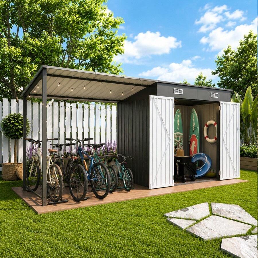 12x4 FT Metal Lean-To Shed With Pergola 6x4 FT Outdoor Storage Shed And Hardtop Gazebo Combo 2-In-1 Garden Tool Shed With Open Side For Patio Backyard Deck - Gray1 - View 1