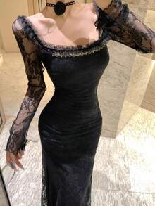 秋季女款優雅修身黑色蕾絲魚尾裙，性感復古時尚純色中長裙，派對生日舞會婚禮出遊洋裝新風格 - 黑色 - 查看 9