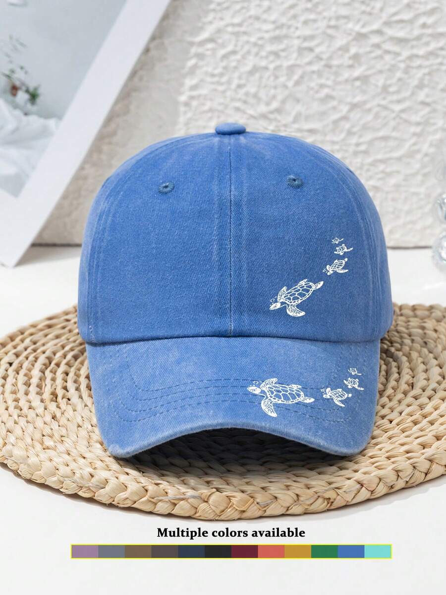 1pc Unisex Printed Turtle Washed Baseball Cap, Adjustable Sun Protection Casual Hat For Outdoor, Travel, Beach, Vacation, Y2K Style Youth Cap - B - View 1