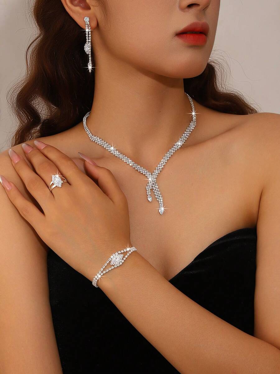Juego de 5 piezas de joyería de lujo totalmente incrustado de strass, diseño exquisito y versátil, adecuado para uso diario, ir al trabajo, bodas, fiestas, regalo de vacaciones - Plateado - Ver 1