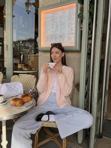 Light Pink Round Neck Mohair Knit Cardigan, Soft Slouchy Textured Single-Breasted, Casual Versatile For Daily Wear, Outings And Commuting, Autumn/Winter - Light Pink - View 3