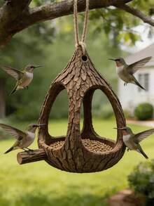 1pc Rustic Bark Texture Hanging Bird Feeder, Resin Wild Bird Seed Feeder With Perch, Waterproof Outdoor Garden Yard Patio Bird Feeding Station, Suitable For Backyard Lawn Natural Decor - Tree Birdcage - View 5