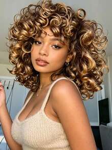 Afro Kinky Curly Wig ShortSynthetic With Bangs Black Bug Cheap Hair Halloween Heat Resistant Fiber For Africa America Women - Multicolor - View 14