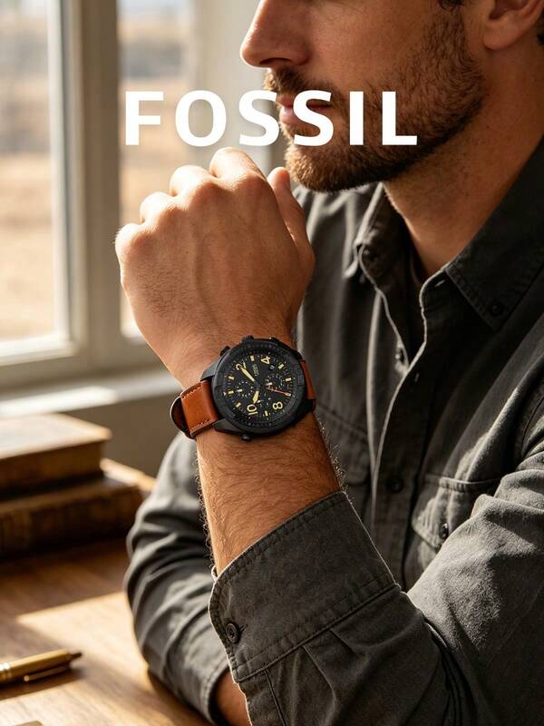 Fossil Đồng hồ nam Chronograph Quartz vỏ đen dây da màu nâu nhạt, dạ quang, chữ số Ả Rập đậm, kiểu dáng phi công, hiển thị ngày, ba mặt số phụ, quà tặng ngoài trời và ngày lễ.