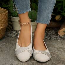 Women's Elegant Shiny Silver Rhinestone Decor Round Toe Slip-On Casual Shoes, Spring/Summer New Style, Versatile For Daily Wear - Beige - View 5