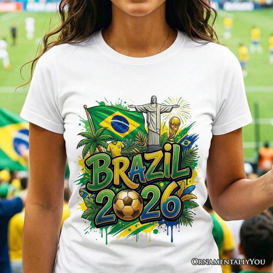 Brazil2026Football Year T Shirt Brazilian Football Fan Apparel Global Championship Trophy Coffee Palm Pattern - 白色 2 - 查看 1