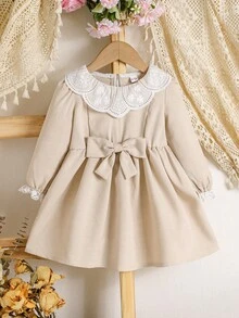 Baby Girl Exquisite Lace Trim Collar Bowknot Decor Sweet Dress - Apricot - View 8