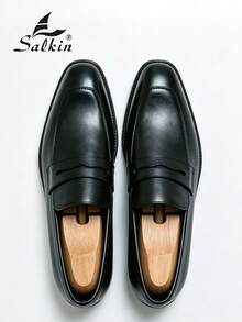 Salkin 男士復古設計一腳蹬樂福鞋 紳士優雅社交鞋 方頭商務辦公正裝鞋 平價奢華現代生活英倫風 純色柔軟舒適鞋面 日常休閒鞋 男士西裝穿搭適用 中年青年學生大學風 畢業典禮派對宴會婚禮時尚新郎鞋 春夏秋冬男鞋，請選擇大一號 - 黑色 - 查看 3