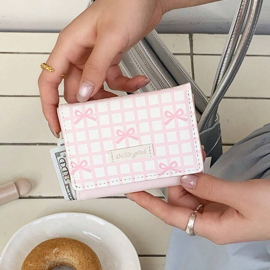 牛奶感!超甜~簡約Ins風清新甜美短款多功能蝴蝶結條紋粉色錢包零錢卡夾 - 彩色 - 查看 1