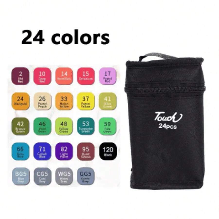 Kit de Marcadores Artísticos 24 Cores, Canetas Dupla Ponta com Ponta Redonda 3,2mm e Ponta Chanfrada 6,2mm, Tinta Alcoólica de Secagem Rápida, Estojo Grande de Oxford com Alça, Ideal para Desenho, Pintura, Design, Colorir e Lettering - 24 núcleos - Visão 1