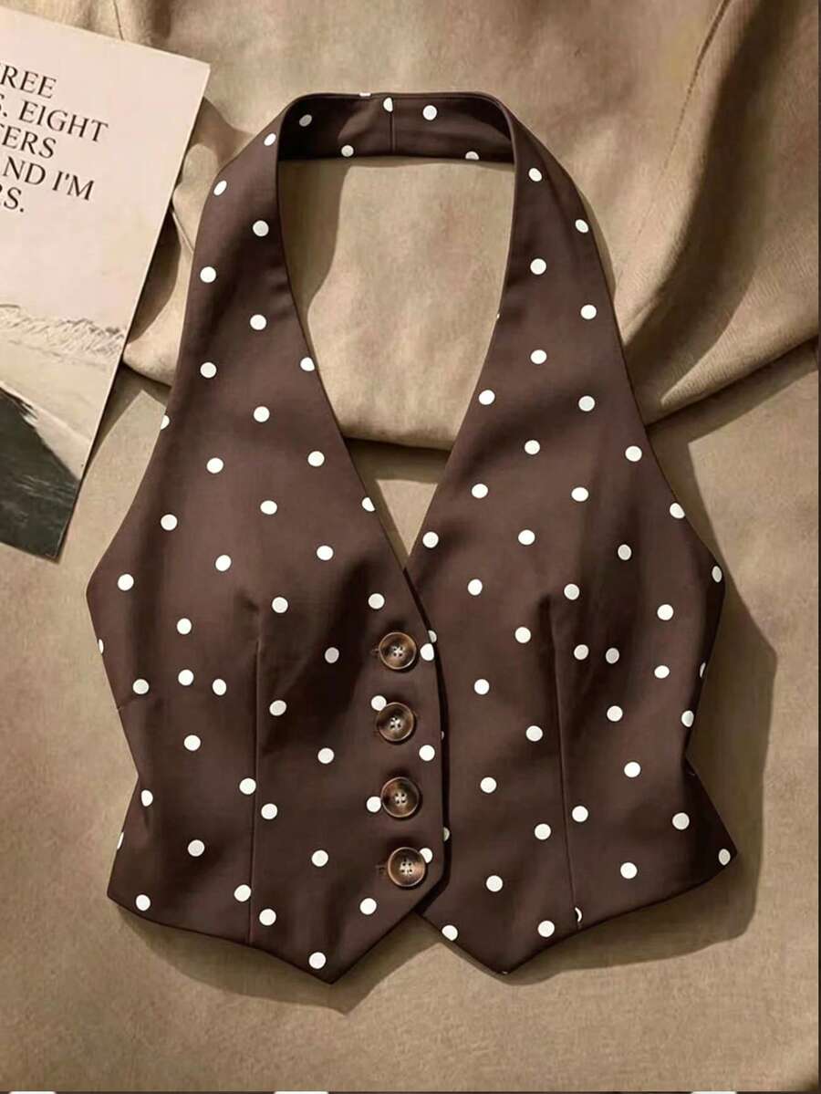 Women's Summer Casual Polka Dot Print Backless Halter Top - Coffee Brown - View 1