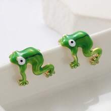 1 Pair Fashionable Cute Blue Frog Earrings, Suitable For Daily Wear And Vacation, Perfect Gift For Friends - Gold - View 3