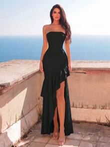 Faeriesty 優雅女款美人魚晚禮服，附束腰上衣、荷葉邊下擺與綁帶後背設計，適合晚宴、生日慶祝、婚禮，黑色秋季款 - 黑色 - 查看 8