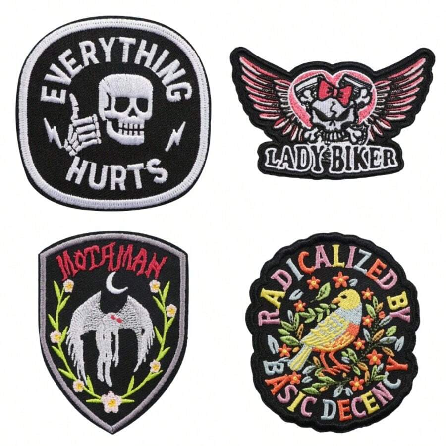Parche bordado de calavera punk para motocicleta, parche termoadhesivo de ala de pájaro polilla gótica, parche decorativo DIY para chaqueta de mezclilla y mochila