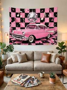 Y2K Millennium Pink Vintage Car Tapestry, 50s Retro Disco Black & Pink Checkerboard Backdrop, Mirror Disco Ball & Music Note Print, Vintage Rock 2000s Party Photo Backdrop, Girl's Bedroom Dorm Birthday Wall Decor - Multicolor - View 7