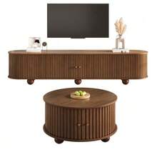 Coffee Table And TV Unit Set, Round Coffee Table With Curved TV Unit, Vertical Relief Structure, Sliding Doors, MDF Frame, Metal Handles, Spherical Metal Feet, Versatile Storage Space - 卡其色 - 查看 1