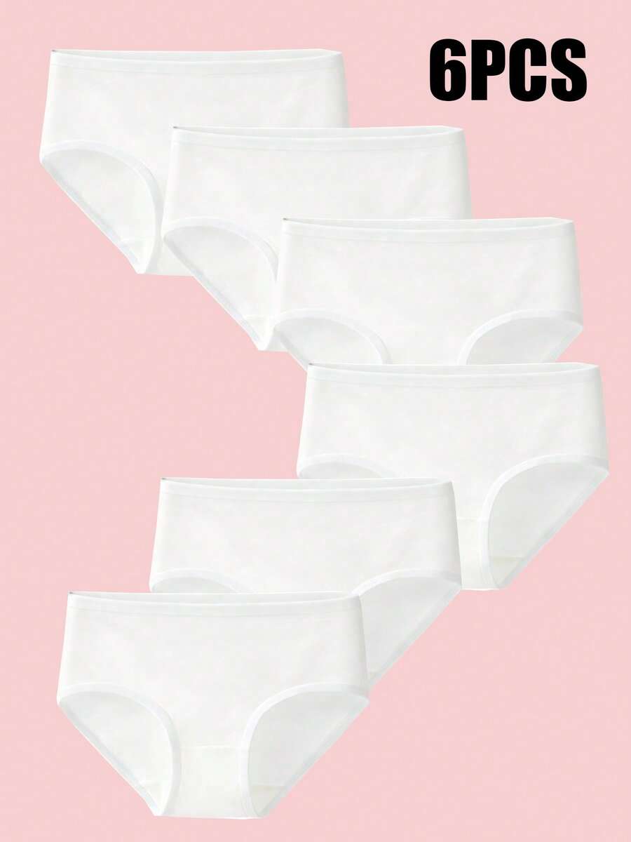 6pcs/Pack Pure White Girls Underwear, Comfortable Soft Triangle Panties, Solid Color Teenager Underwear - White - View 1